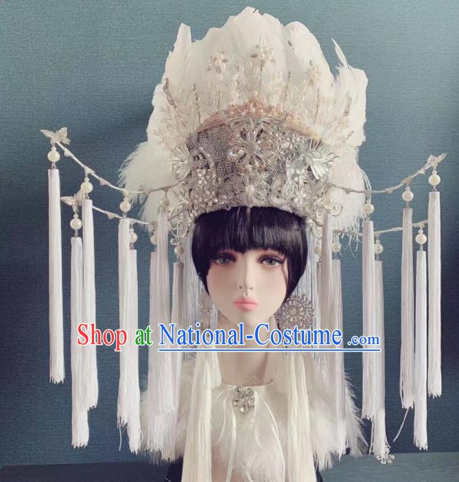 Traditional Chinese Deluxe White Feather Tassel Phoenix Coronet Hair Accessories Halloween Stage Show Headdress for Women