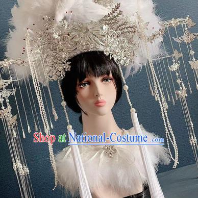 Traditional Chinese Deluxe White Feather Phoenix Coronet Hair Accessories Halloween Stage Show Headdress for Women