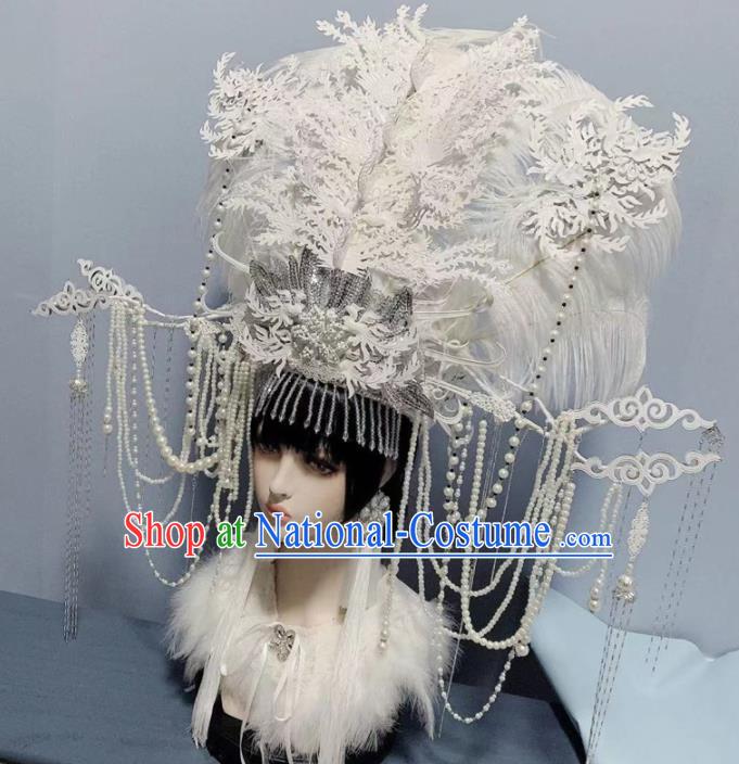 Traditional Chinese Deluxe White Lace Pearls Phoenix Coronet Hair Accessories Halloween Stage Show Headdress for Women