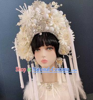 Traditional Chinese Deluxe White Phoenix Coronet Hair Accessories Halloween Stage Show Headdress for Women