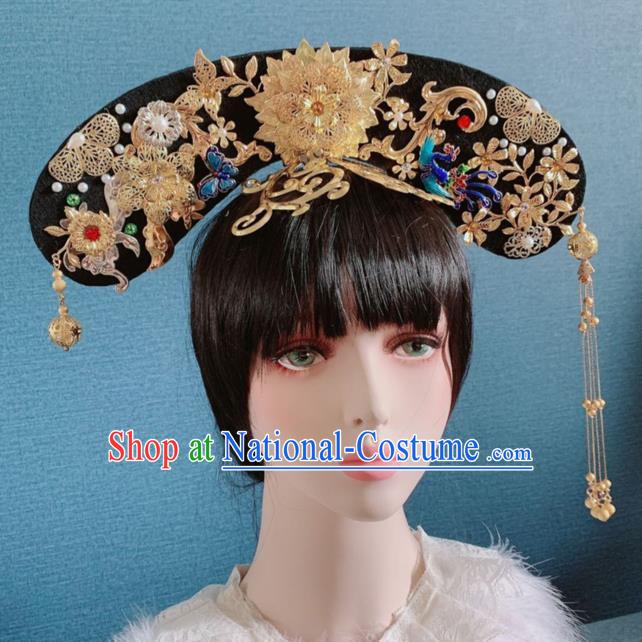 Traditional Chinese Deluxe Qing Dynasty Golden Peony Phoenix Coronet Hair Accessories Halloween Stage Show Headdress for Women