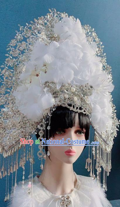 Traditional Chinese Deluxe White Feather Flowers Phoenix Coronet Hair Accessories Halloween Stage Show Headdress for Women