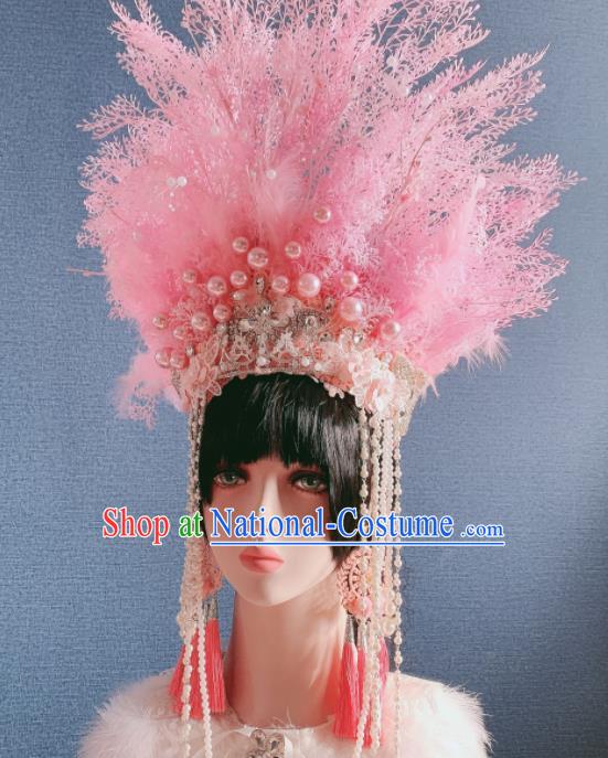 Traditional Chinese Deluxe Pink Feather Phoenix Coronet Hair Accessories Halloween Stage Show Headdress for Women