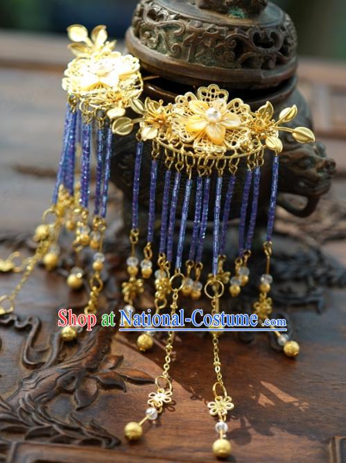 Traditional Chinese Handmade Hair Accessories Ancient Hanfu Blue Beads Tassel Hair Combs for Women