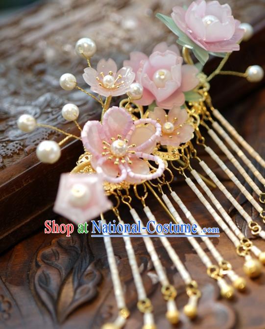 Traditional Chinese Handmade Hair Accessories Pink Flowers Hairpins Ancient Hanfu Tassel Hair Claws for Women