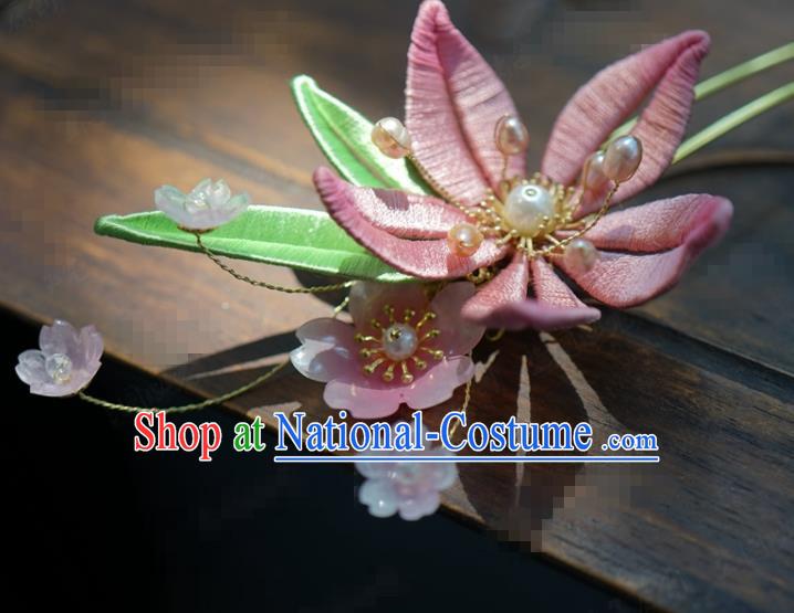 Traditional Chinese Handmade Court Pink Flower Hairpins Hair Accessories Ancient Hanfu Hair Clip for Women