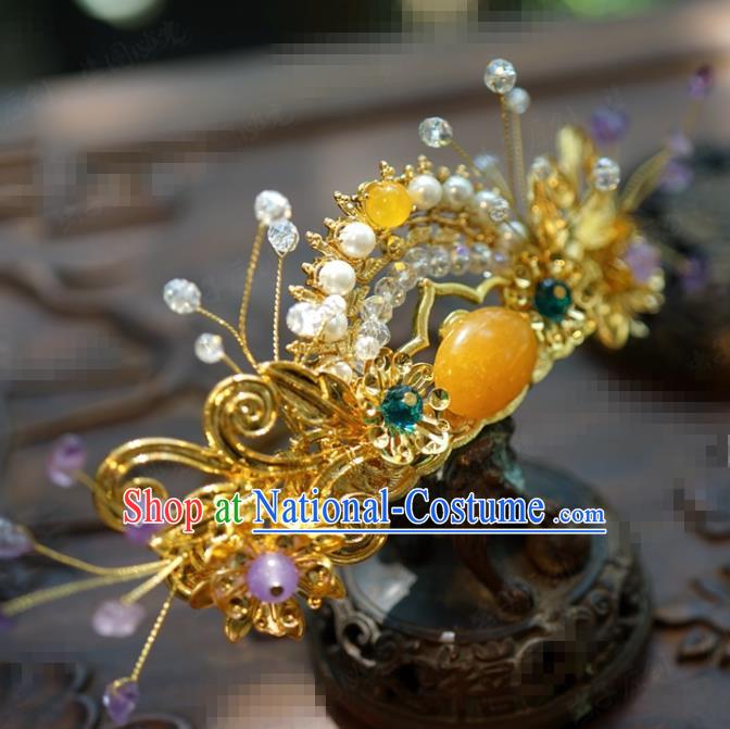 Traditional Chinese Handmade Court Golden Hair Crown Hairpins Hair Accessories Ancient Hanfu Hair Clip for Women