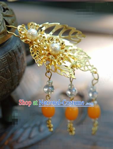 Traditional Chinese Handmade Court Golden Leaf Tassel Hairpins Hair Accessories Ancient Hanfu Hair Clip for Women