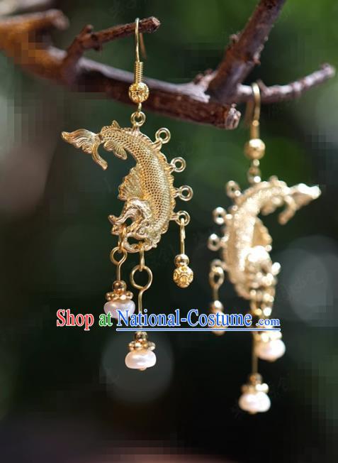 Traditional Chinese Handmade Court Golden Dragonfish Ear Accessories Ancient Princess Earrings for Women