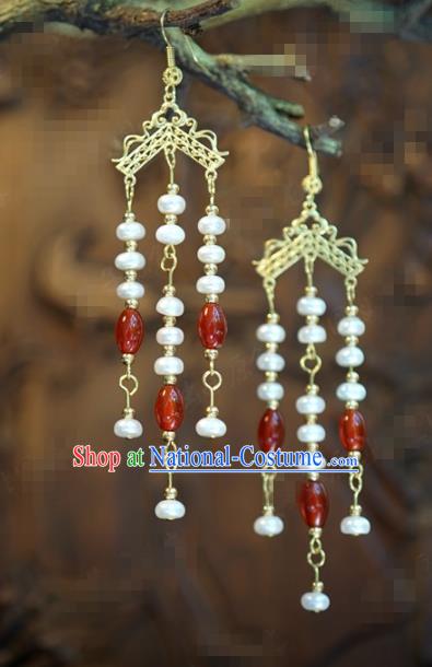 Traditional Chinese Handmade Court Agate Pearls Tassel Ear Accessories Ancient Princess Earrings for Women