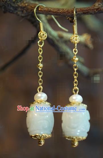 Traditional Chinese Handmade Court Jade Carving Ear Accessories Ancient Princess Earrings for Women