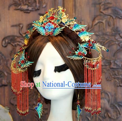 Traditional Chinese Wedding Hair Accessories Cloisonne Phoenix Coronet Ancient Bride Hairpins Complete Set for Women