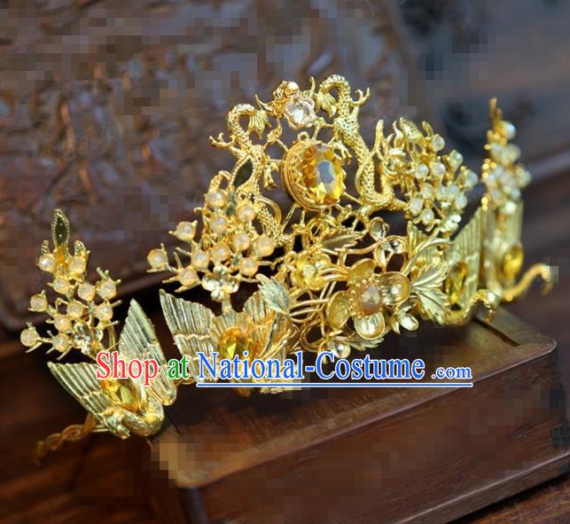 Traditional Chinese Ancient Bride Golden Hair Crown Handmade Hanfu Court Queen Hairpins Hair Accessories for Women