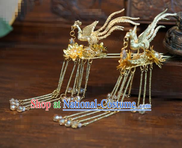 Traditional Chinese Ancient Bride Golden Phoenix Hair Clip Handmade Hanfu Court Queen Tassel Hairpins Hair Accessories for Women