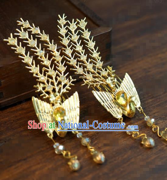 Traditional Chinese Ancient Bride Golden Phoenix Hair Comb Handmade Hanfu Court Queen Hairpins Hair Accessories for Women