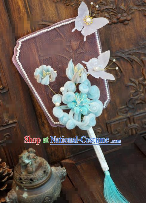 Traditional Chinese Handmade Court Blue Chrysanthemum Palace Fan Ancient Bride Wedding Fans for Women