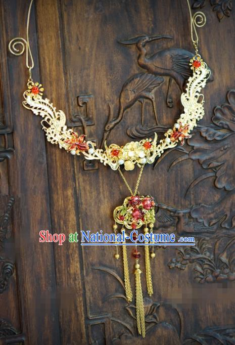 Traditional Chinese Handmade Court Golden Phoenix Necklace Jewelry Accessories Ancient Princess Tassel Necklet for Women