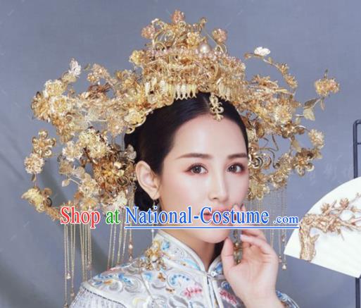 Traditional Chinese Wedding Hair Accessories Golden Phoenix Coronet Ancient Bride Hairpins Complete Set for Women