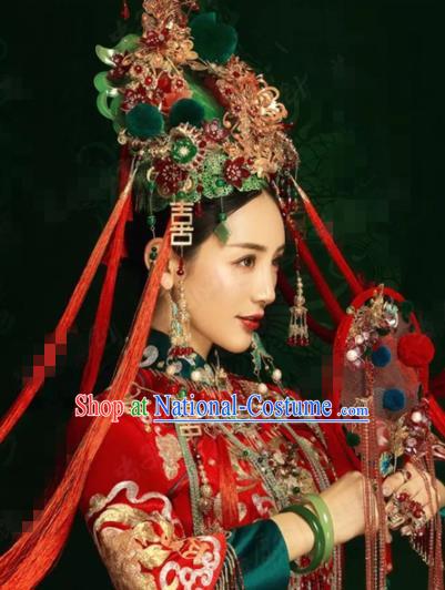 Traditional Chinese Wedding Hair Accessories Green Phoenix Coronet Ancient Bride Hairpins Complete Set for Women