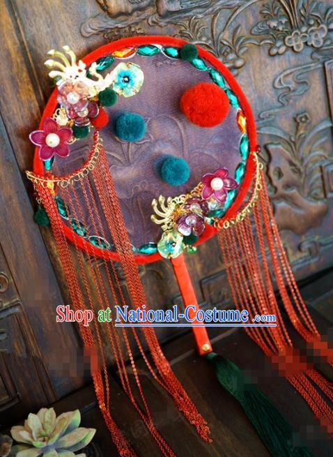 Traditional Chinese Handmade Court Wedding Palace Fan Ancient Bride Red Tassel Round Fans for Women