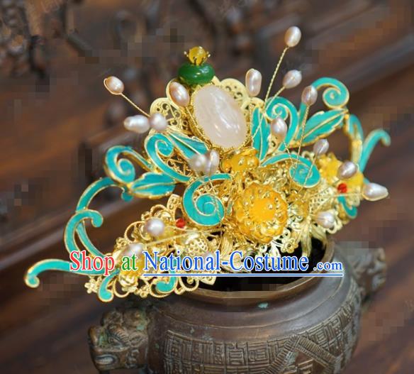 Traditional Chinese Ancient Bride Pearls Hair Crown Handmade Hanfu Court Queen Hairpins Hair Accessories for Women