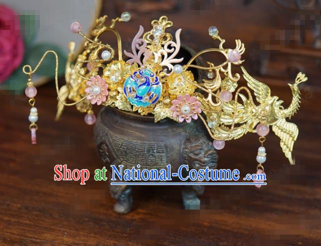 Traditional Chinese Ancient Bride Blueing Crane Hair Crown Handmade Hanfu Court Queen Hairpins Hair Accessories for Women