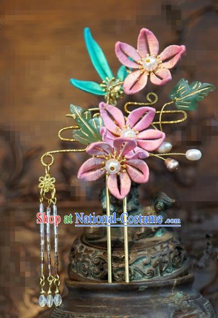 Traditional Chinese Ancient Bride Pink Plum Hair Clip Hanfu Court Queen Hairpins Handmade Hair Accessories for Women