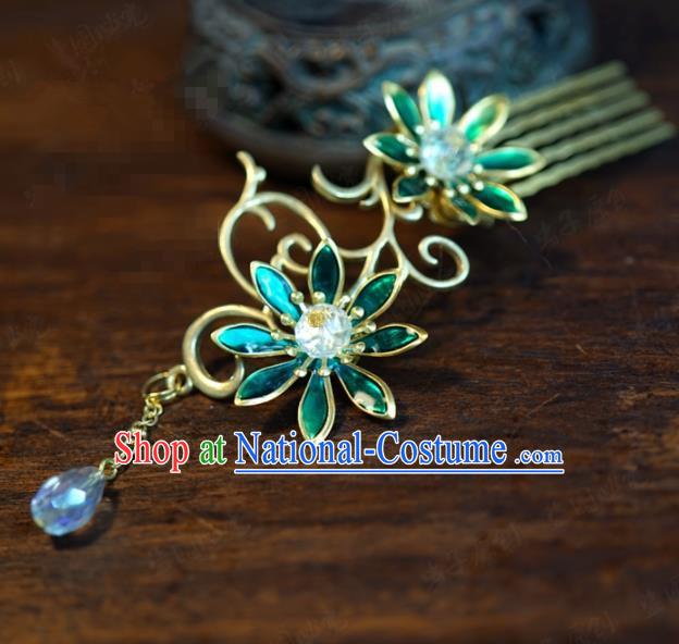 Traditional Chinese Handmade Court Blueing Flower Hairpins Hair Accessories Ancient Queen Hanfu Tassel Hair Comb for Women