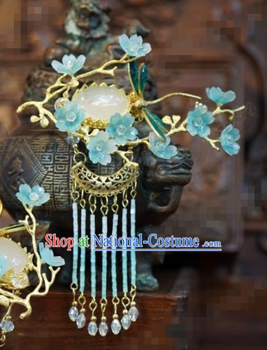 Traditional Chinese Ancient Bride Blue Plum Jade Hair Clip Hanfu Court Queen Hairpins Handmade Hair Accessories for Women