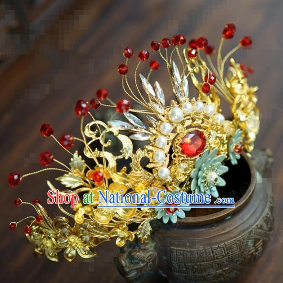 Traditional Chinese Ancient Bride Pearls Hair Crown Hanfu Court Queen Hairpins Handmade Hair Accessories for Women