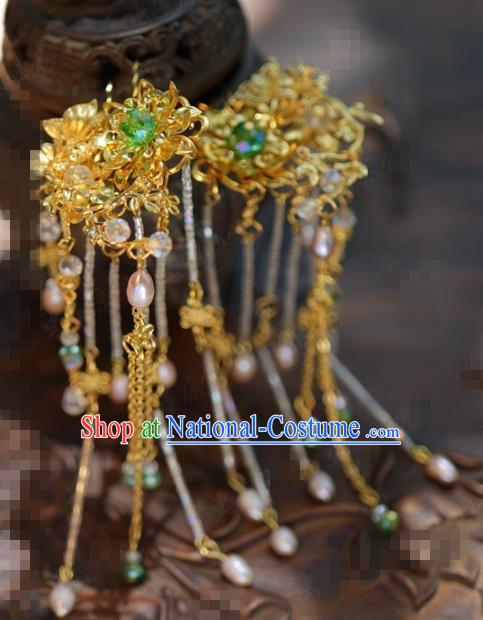 Traditional Chinese Handmade Court Golden Lotus Tassel Hairpins Hair Accessories Ancient Hanfu Hair Clip for Women