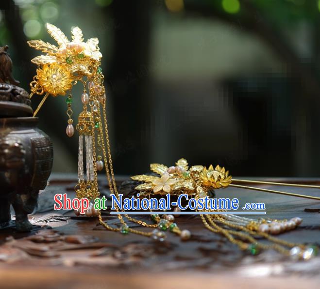 Traditional Chinese Handmade Court Golden Phoenix Tassel Hairpins Hair Accessories Ancient Hanfu Hair Clip for Women