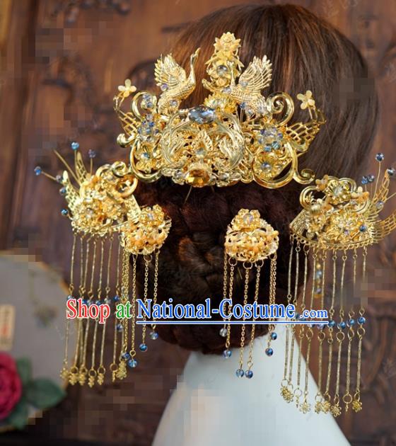 Traditional Chinese Wedding Hair Accessories Ancient Bride Golden Cranes Phoenix Coronet Hairpins Complete Set for Women