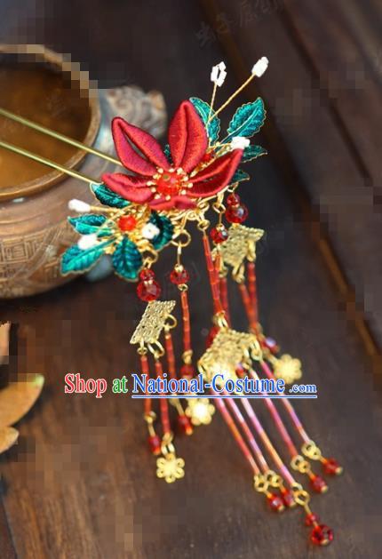 Traditional Chinese Handmade Court Red Flower Tassel Hairpins Hair Accessories Ancient Queen Hanfu Hair Clip for Women