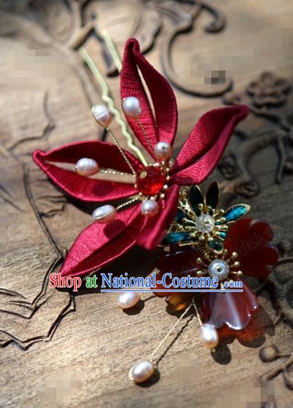 Traditional Chinese Handmade Court Agate Hairpins Hair Accessories Ancient Queen Hanfu Red Flower Hair Clip for Women