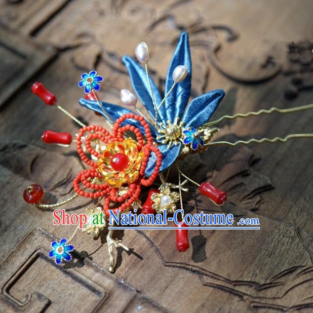 Traditional Chinese Handmade Court Hairpins Hair Accessories Ancient Queen Hanfu Blue Flower Hair Clip for Women