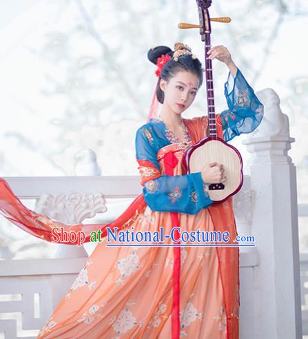 Traditional Chinese Tang Dynasty Court Princess Replica Costumes Ancient Palace Lady Orange Hanfu Dress for Women