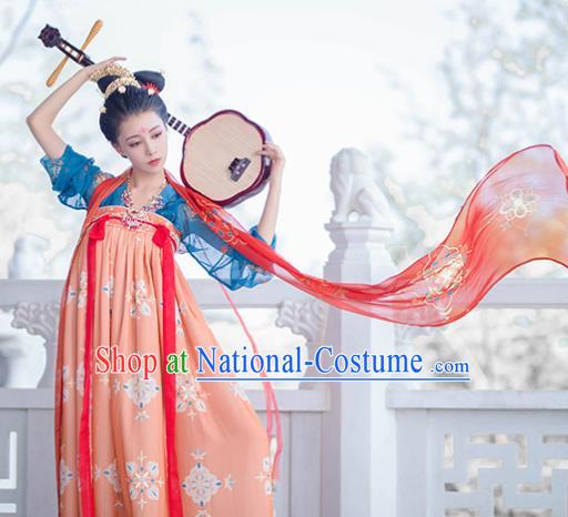 Traditional Chinese Tang Dynasty Court Princess Replica Costumes Ancient Palace Lady Orange Hanfu Dress for Women