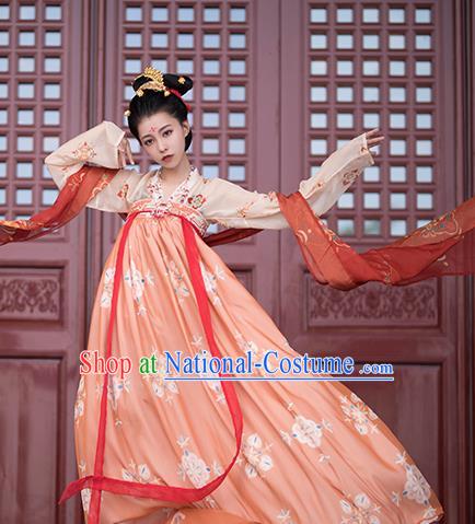 Traditional Chinese Tang Dynasty Imperial Consort Replica Costumes Ancient Court Princess Orange Hanfu Dress for Women