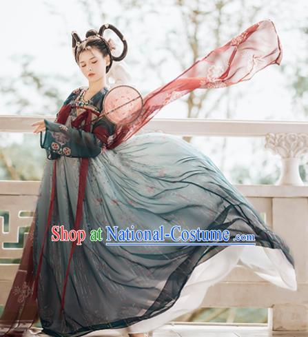 Traditional Chinese Tang Dynasty Court Replica Costumes Ancient Imperial Consort Deep Green Hanfu Dress for Women