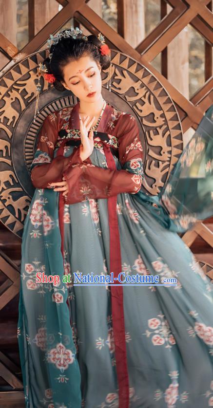 Traditional Chinese Tang Dynasty Palace Princess Replica Costumes Ancient Court Consort Green Hanfu Dress for Women