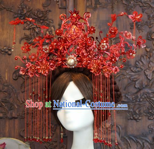 Traditional Chinese Wedding Luxury Red Phoenix Coronet Hair Accessories Ancient Bride Tassel Hairpins Complete Set for Women