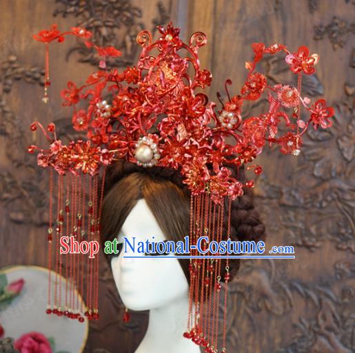 Traditional Chinese Wedding Luxury Red Phoenix Coronet Hair Accessories Ancient Bride Tassel Hairpins Complete Set for Women