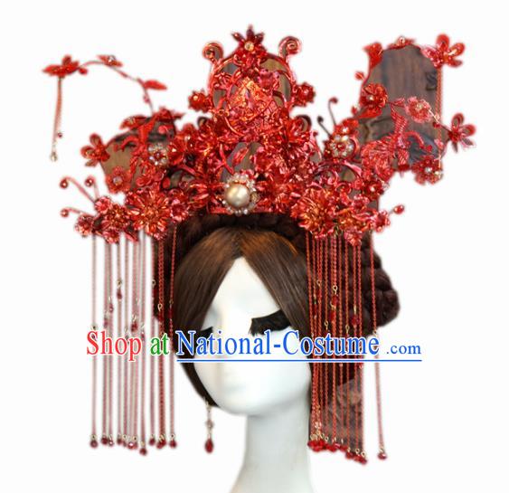 Traditional Chinese Wedding Luxury Red Phoenix Coronet Hair Accessories Ancient Bride Tassel Hairpins Complete Set for Women