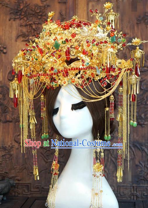 Traditional Chinese Wedding Luxury Phoenix Coronet Hair Accessories Ancient Bride Tassel Hairpins Complete Set for Women