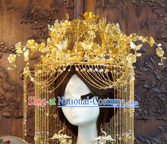 Traditional Chinese Wedding Luxury Golden Butterfly Phoenix Coronet Hair Accessories Ancient Bride Tassel Hairpins Complete Set for Women