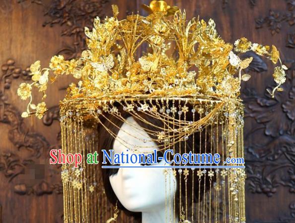 Traditional Chinese Wedding Luxury Golden Butterfly Phoenix Coronet Hair Accessories Ancient Bride Tassel Hairpins Complete Set for Women