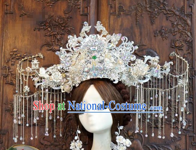 Traditional Chinese Wedding Luxury Tassel Phoenix Coronet Hair Accessories Ancient Bride Hairpins Complete Set for Women