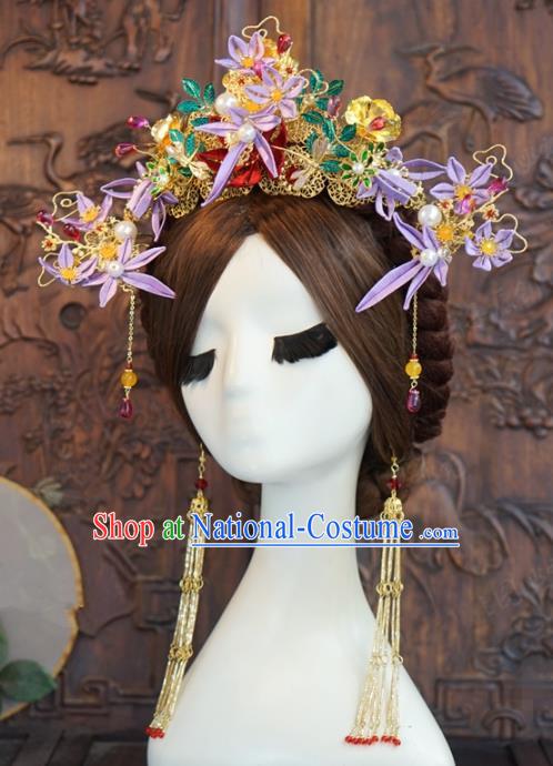 Traditional Chinese Wedding Hair Accessories Luxury Purple Jasmine Phoenix Coronet Ancient Bride Hairpins Complete Set for Women