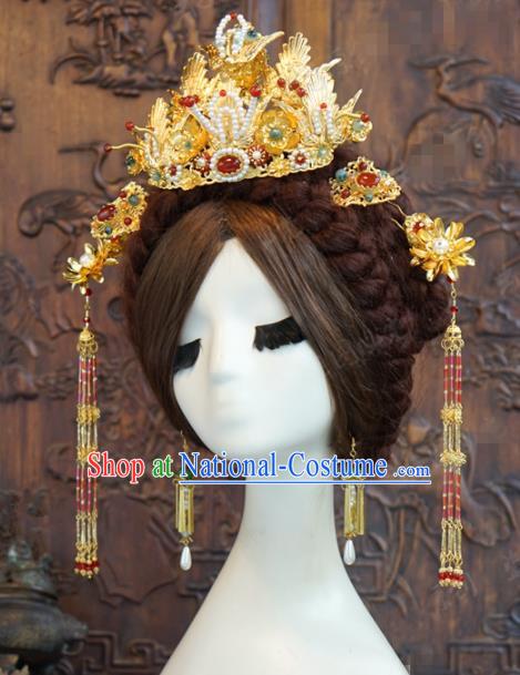 Traditional Chinese Wedding Hair Accessories Luxury Pearls Phoenix Coronet Ancient Bride Hairpins Complete Set for Women